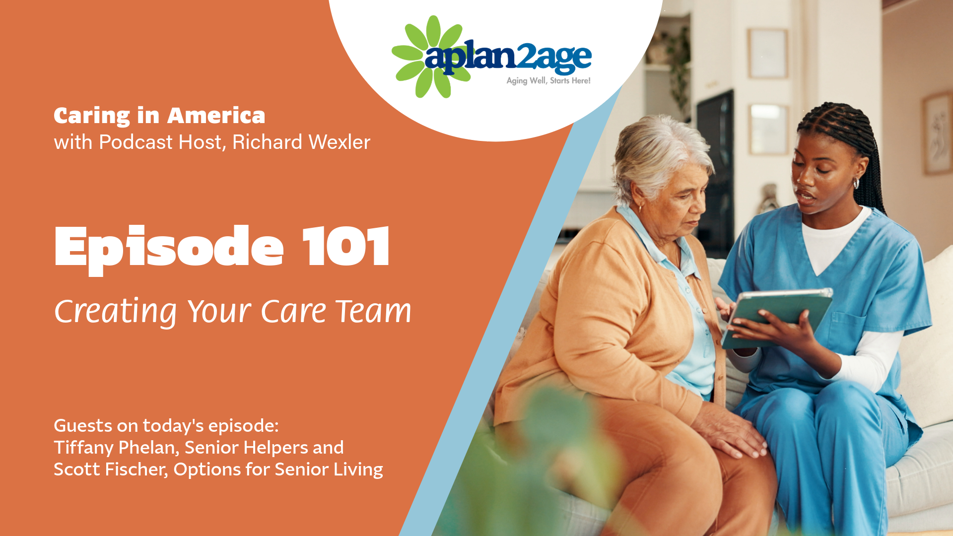 Cover of episode 101 depicting a senior talking to a professional about care for herself or a loved one